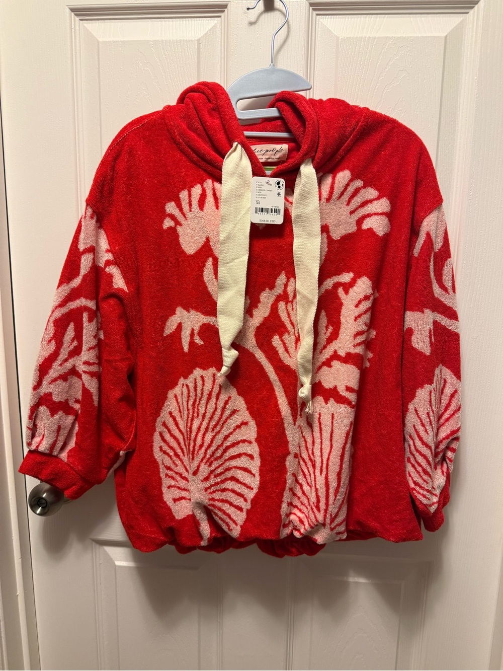 NWT Free People Red Beach Towel Hoodie with Cream Drawstrings